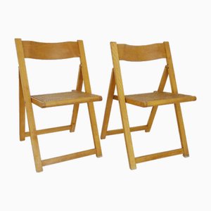 Vintage Folding Chairs in Beech and Canework, 1970s, Set of 2