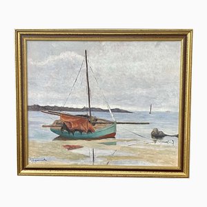Robert Leparmentier, Barco en la orilla, siglo XX, óleo sobre cartón, enmarcado