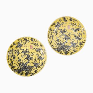 Antique Chinese Dayazhai Yellow Glazed Plates, Set of 2
