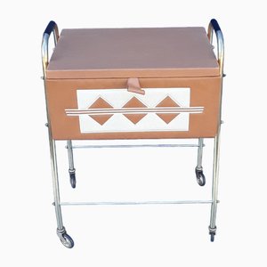 Vintage Sewing Table with Chrome-Plated Metal Frame and Beige-Brown Faux Leather Box, 1970s