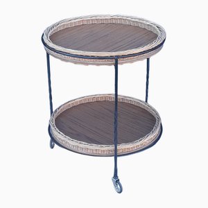 Vintage Round Side Table on Wheels with Wicker Frame, 1970s