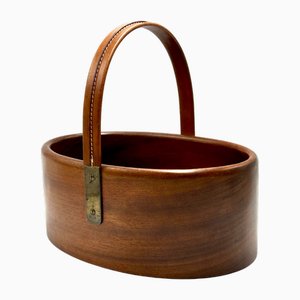 Mid-Century Teak and Leather Basket by Carl Auböck, 1950s