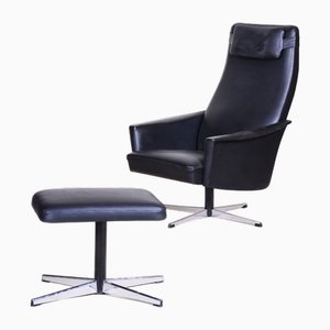 Bauhaus Swivel Lounge Chair with Foot Stool in Vegan Leather & Chrome, 1960s, Set of 2
