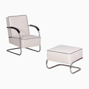 Bauhaus Armchair with Foot Stool attributed to Mucke Melder, 1930s, Set of 2
