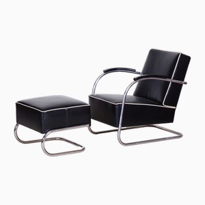 Bauhaus Armchair with Foot Stool attributed to Mucke Melder, 1930s, Set of 2