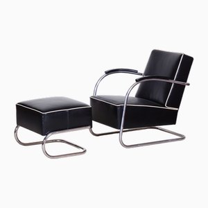 Set of Bauhaus Armchair with Foot Stool attributed to Mucke Melder, 1930s