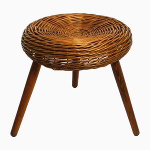Large Mid-Century Modern Rattan Stool with Wooden Legs by Tony Paul, 1950s
