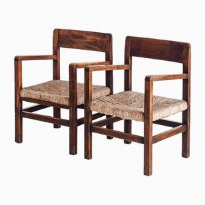 Rustic Armchairs with Bulrush Seats, France, 1940s, Set of 2