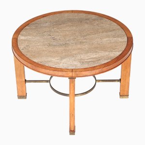 Art Deco French Walnut Coffee Table with Travertine Top, 1940s