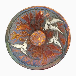 Large Art Nouveau Lustreglazed Bowl with Iridescent Enameled Seagulls and Corals in Deep Burgundy Colour by Jean Barol, France, 1920s