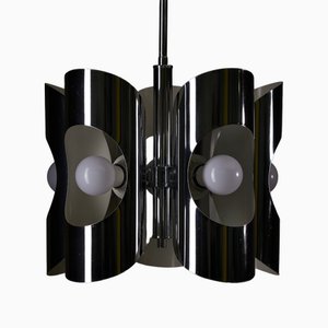Lámpara de araña italiana de cromo con cinco focos en pantalla cilíndrica, años 70