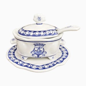 Small Portuguese Blue Willow Porcelain Tureen with Saucer and Ladle by Flabal
