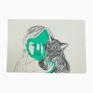 Hanna Ilczyszyn, Boy with a Cat, Mixed Media Drawing, 2023