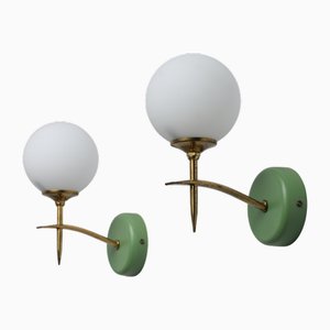 Mid-Century Italian Modern Wall Sconces with Opaline Glass and Green Brass Mounts, 1950s, Set of 2