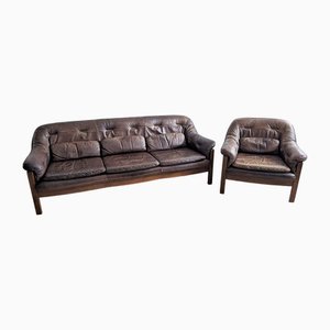 Brutalist Leather Sofa & Lounge Chair by Hain & Thome, 1970s, Set of 2