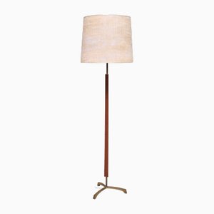 Modern Danish Three Legged Floor Lamp in Brass, Teak and Textured Shade, 1950s