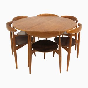 Dining Table Set with Heart Chairs by Hans J. Wegner for Fritz Hansen, Sweden, 1960s, Set of 7