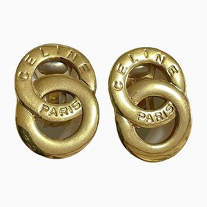 Vintage Gold Tone Double Round Motif Earrings with Embossed Logo from Celine, Set of 2