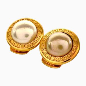 Vintage Golden Round Frame Faux Pearl Earrings from Celine, Set of 2