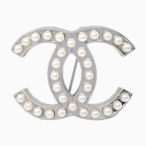 Chanel Artificial Pearl Brooch Pin Silver Kk32656