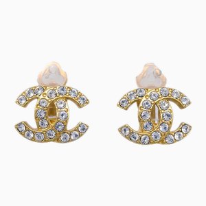 Gold CC Rhinestone Earrings Clip-on from Chanel, Set of 2