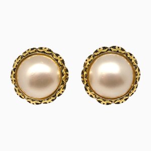 Gold Button Artificial Pearl Earrings Clip-on from Chanel, Set of 2