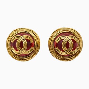 Gold & Red Gripoix Button Earrings Clip-on from Chanel, Set of 2