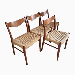 Teak Dining Chairs with Paper Cord Mesh Seats by Arne Wahl Iversen, Denmark, 1960s, Set of 4
