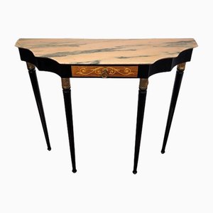 Mid-Century Italian Black Wood & Brass Wall Console Table with Marble Top, 1950s