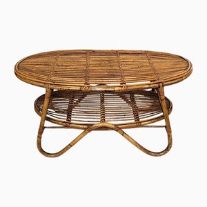 Italian French Riviera Oval Bamboo & Rattan Bohemian Coffee or Accent Table, 1960s