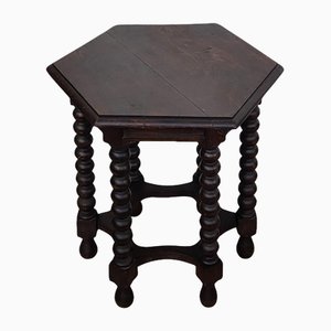 Antique Italian Hexagonal Black Walnut Side Table Stool with Bobbin Turned Legs, 1890s