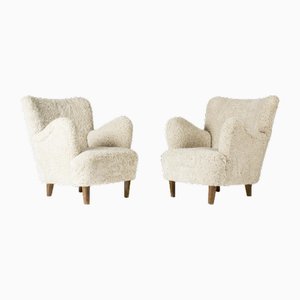 Set of Swedish Modern Sheepskin Lounge Chairs, 1940s