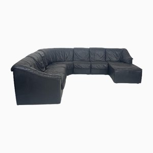Large Black Leather Corner Sofa, 1970s