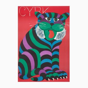 Cyrk Large Stripy Cat Tiger Polnisches Zirkusposter von Hubert Hilscher, 1971