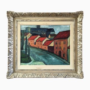 Stretch of Houses, Oil Painting, 1950s, Framed