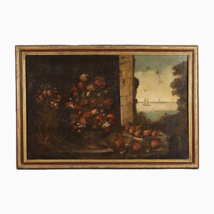 Artista italiano, Bodegón con flores y frutas, década de 1600-1700, óleo sobre lienzo