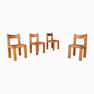 S11 Dining Chairs in Cognac Leather and Elm by Pierre Chapo, France, 1960s, Set of 4