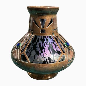 Glas & Kupfer Overlay Vase von Johann Loetz Witwe, Österreich, Frühes 20. Jahrhundert