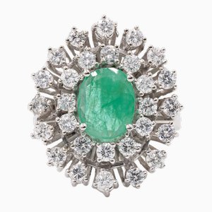 Vintage 14 Karat Weißgold Gänseblümchen Ring mit Smaragd und Diamanten, 1960er