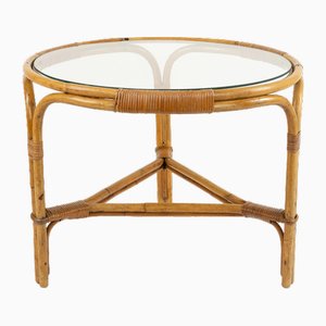 Tavolino da caffè rotondo Mid-Century in bambù, vimini e vetro, Italia, anni '60