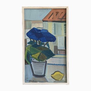 Blaue Blumen & Zitrone, Ölgemälde, 1950er, Gerahmt