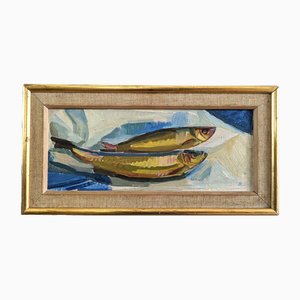 Bodegón con arenques, pintura al óleo, años 50, enmarcado