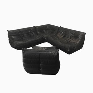 Canapé Togo en Cuir Noir et Marron par Michel Ducaroy pour Ligne Roset, 1974, Set de 4
