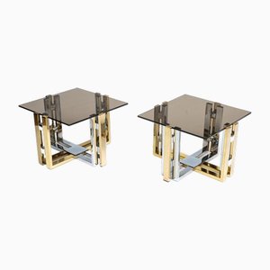 Mid-Century Brass, Chrome and Glass Top Side Tables, 1970, Set of 2