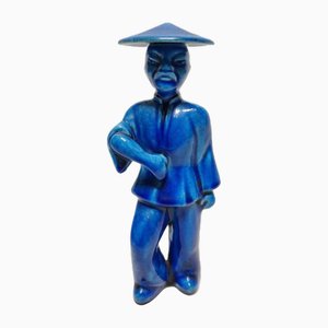 Figura china de cerámica azul, años 70