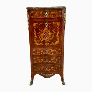 Victorian French Kingwood Marquetry Inlaid Marble Top Bombe Shaped Secretaire Chest, 1880s