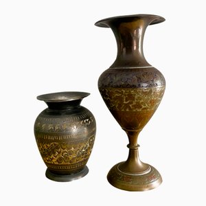 Oriental Indian Etched Brass Vessel Vases, 1990s, Set of 2
