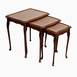 Vintage Queen Anne Nest of Tables with Legs with Brown Embossed Leather Top