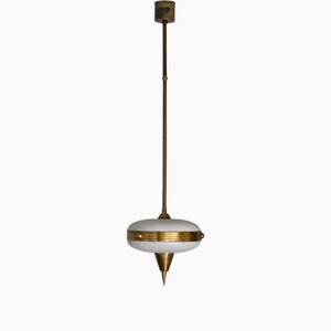 Small Italian Modernist Brass and Opaline Pendant Lamp, 1950s