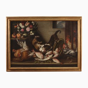 Artista italiano, Naturaleza muerta con animales, flores y frutas, 1760, óleo sobre lienzo, enmarcado